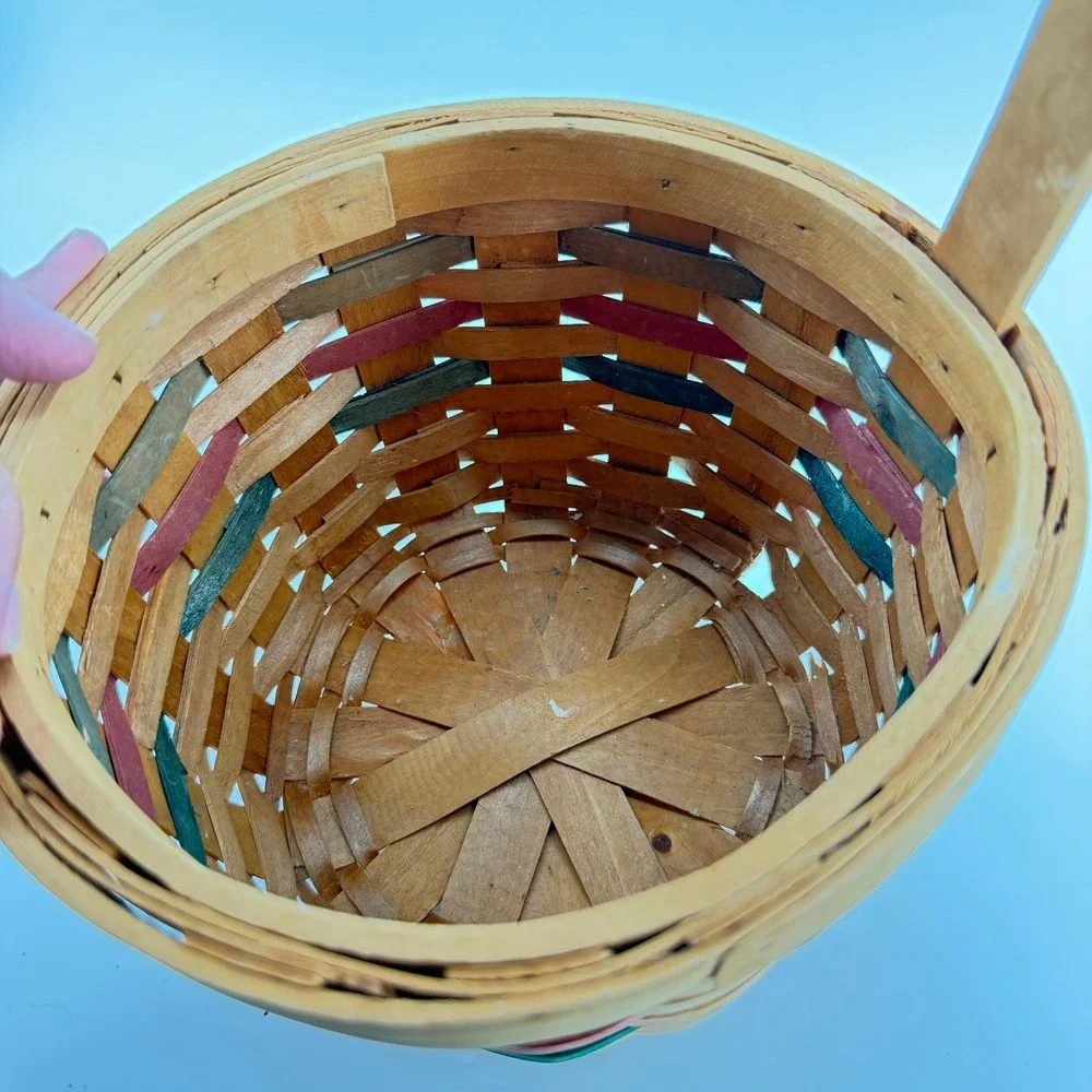 Vintage Woven Wood‎ Basket Small Tan Green Red Farmhouse Decor Handle Easter
